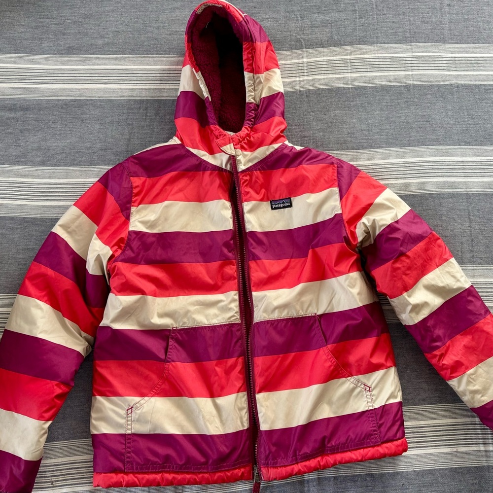 Patagonia Kids' Reversible Puffer Jacket - Pink, Purple & Cream Stripe